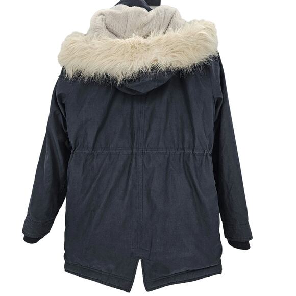 Abercrombie Kids size 13/14 Long Line Navy Blue Cream Faux Fur Coat 2 Pockets - Picture 2 of 9
